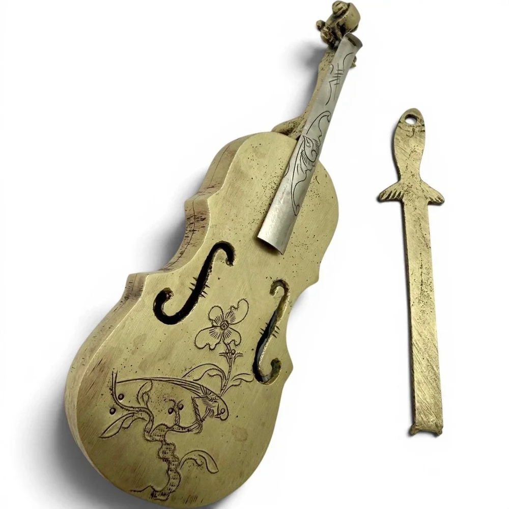 Chinese Folk Art Violin Padlock W/Key Engraved Brass Huaqi Rare 1980s